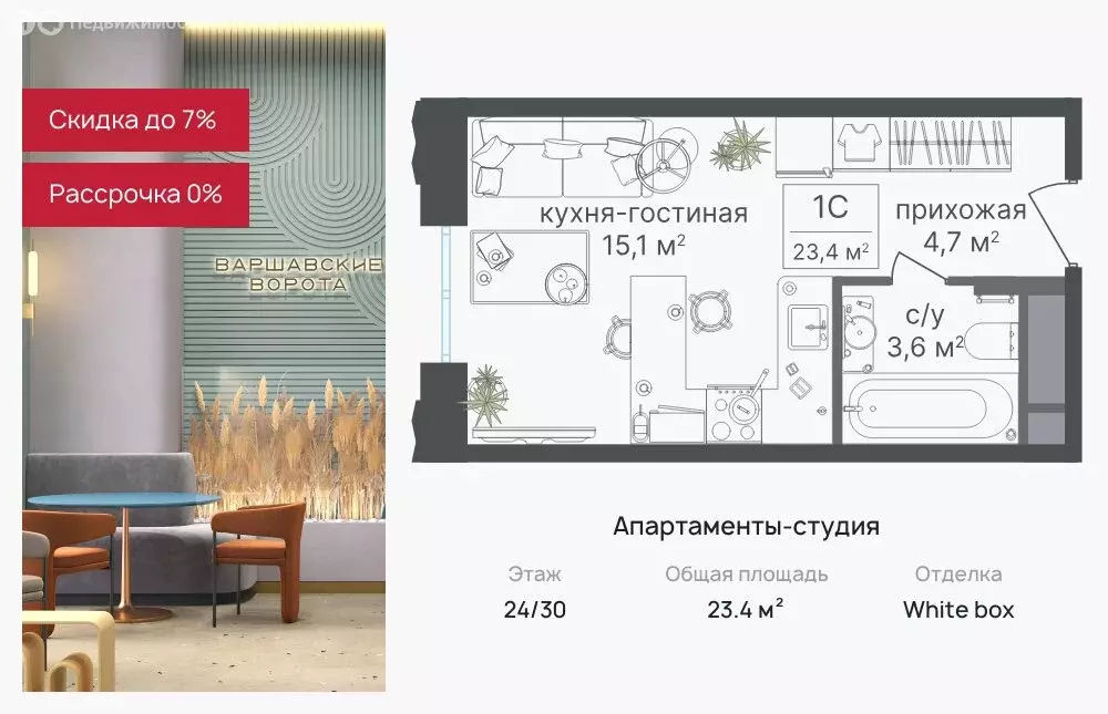 Квартира-студия: Москва, жилой комплекс Варшавские Ворота, 2.4 (23.4 ... - Фото 0