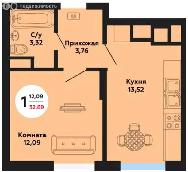 1-комнатная квартира: аул Новая Адыгея, Береговая улица, 1к9 (32.4 м) - Фото 1