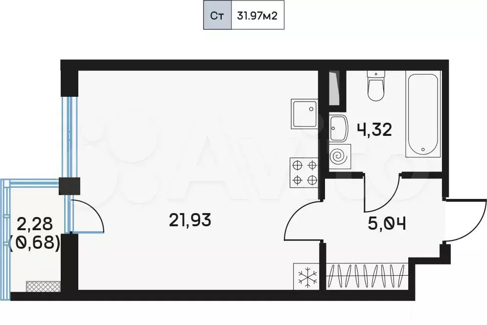 Квартира-студия, 32м, 2/9эт. - Фото 0