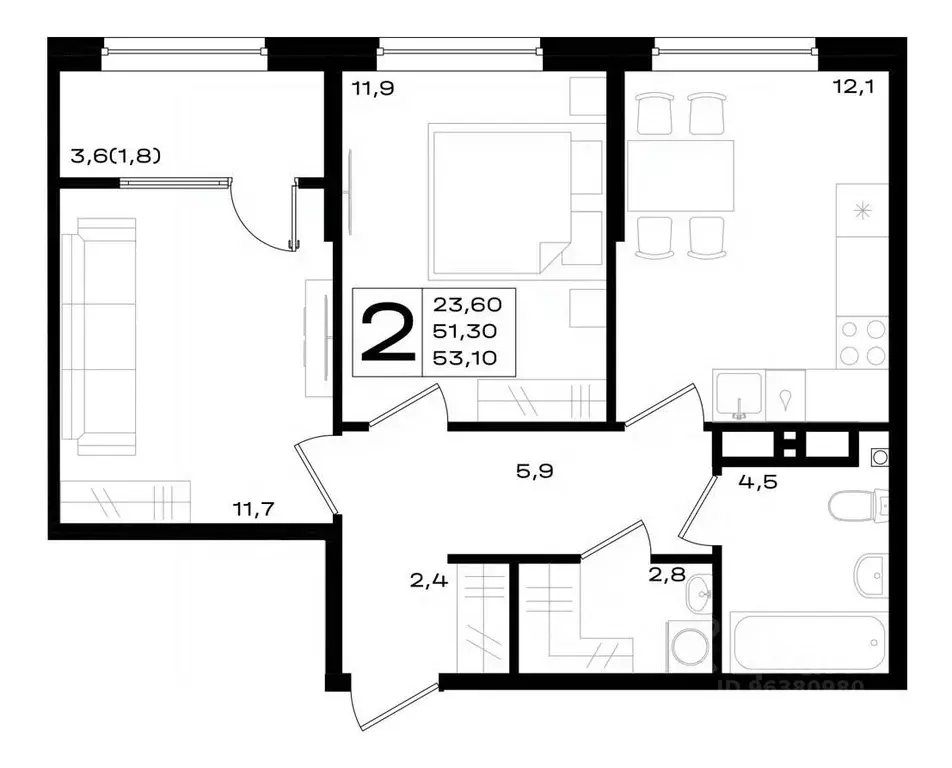 2-к кв. Ростовская область, Аксай просп. Аксайский (53.1 м) - Фото 1
