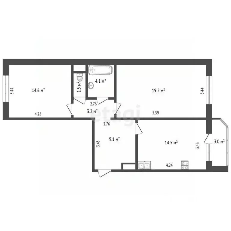 2-к кв. Тюменская область, Тюмень ул. Николая Семенова, 27к2 (66.2 м) - Фото 2