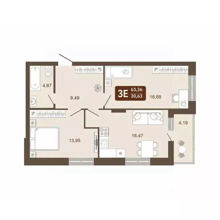 2-к кв. Кемеровская область, Кемерово 58В мкр, 1 (63.36 м) - Фото 1