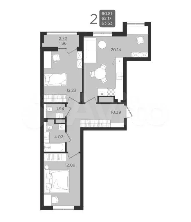 2-к. квартира, 62,4 м, 4/9 эт. - Фото 1