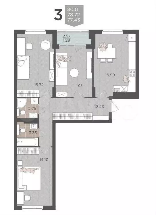 3-к. квартира, 80 м, 5/9 эт. - Фото 1
