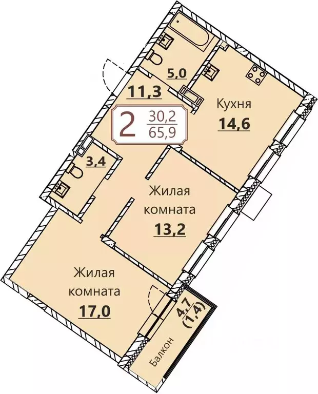 2-к кв. Чувашия, Чебоксары ул. Герцена, поз3 (65.9 м) - Фото 1