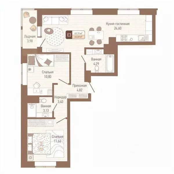 2-к кв. Тульская область, Тула Кулик жилой комплекс (64.69 м) - Фото 0