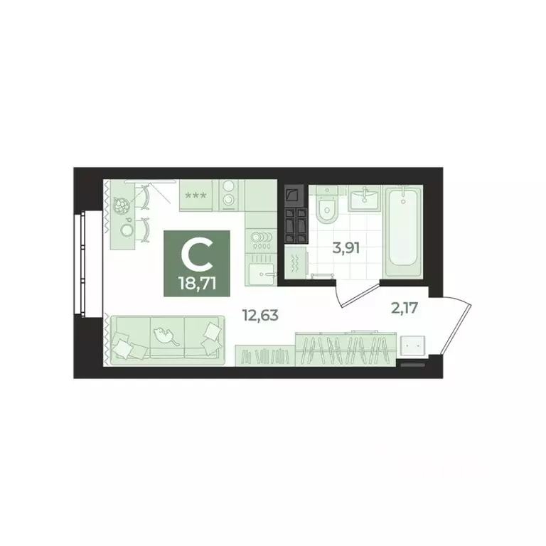 Студия Свердловская область, Екатеринбург Уктус жилрайон,  (18.71 м) - Фото 1