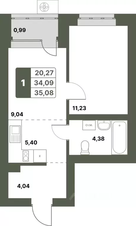 1-к кв. Башкортостан, Уфимский район, с. Миловка  (35.08 м) - Фото 1