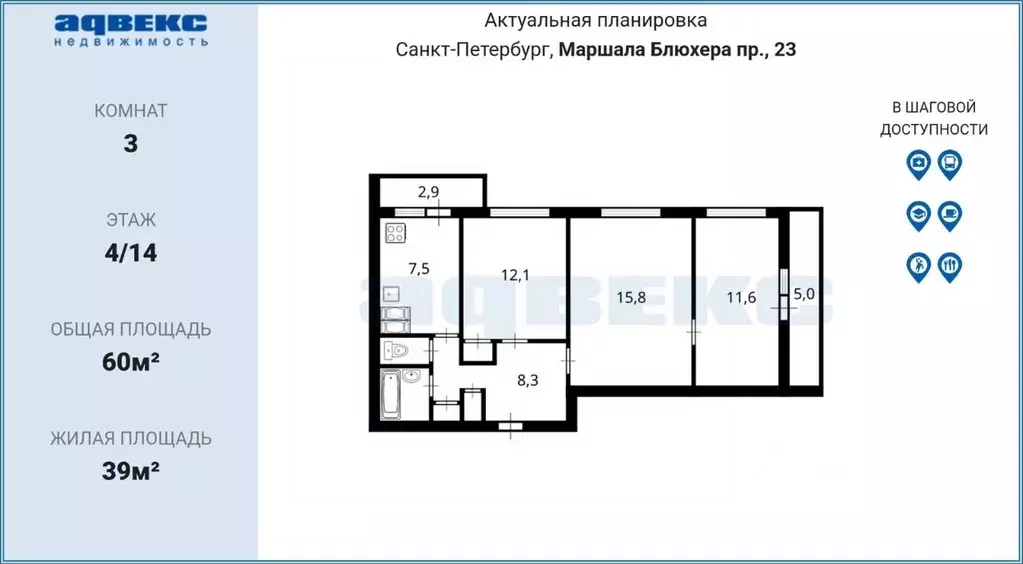 3-к кв. Санкт-Петербург просп. Маршала Блюхера, 23 (60.0 м) - Фото 2