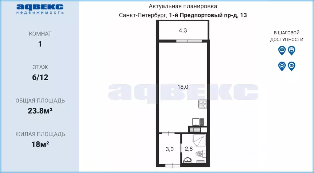Студия Санкт-Петербург 1-й Предпортовый проезд, 13 (23.8 м) - Фото 2