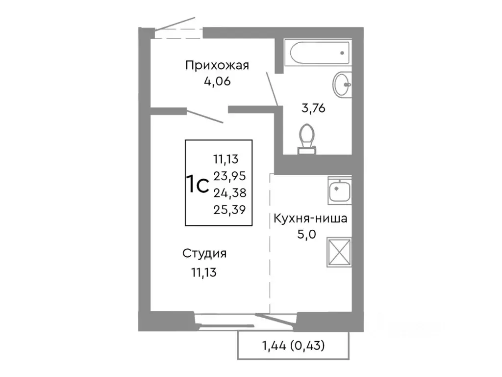 Студия Челябинская область, Челябинск Нефтебазовая ул., 1-13 (24.38 м) - Фото 1