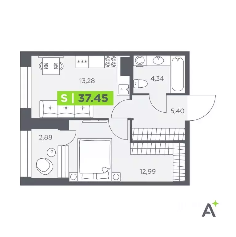 Квартира, 1 комната, 37.45 м - Фото 1