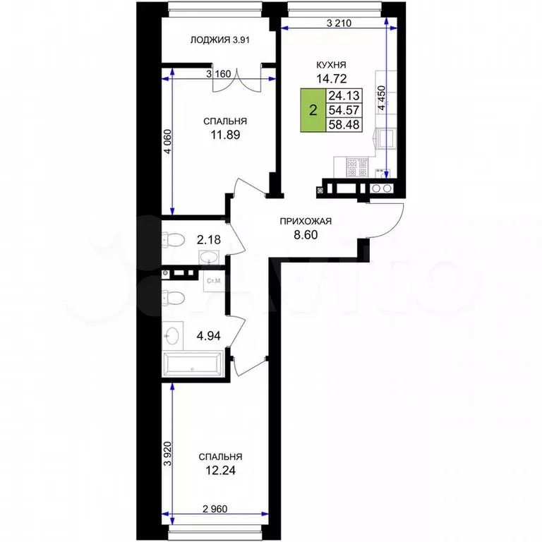 2-к. квартира, 58,5 м, 7/7 эт. - Фото 1