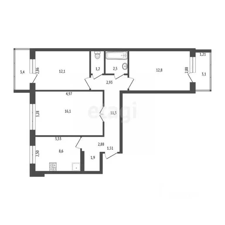 3-к кв. Башкортостан, Стерлитамак Стадионная ул., 19А (66.7 м) - Фото 1