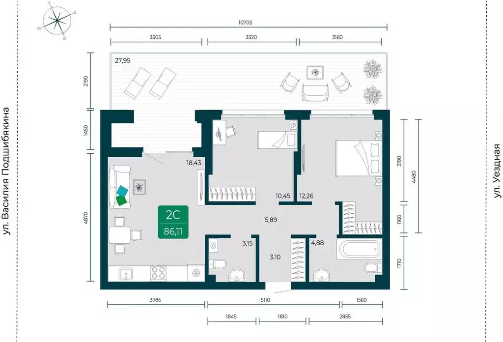 2-комнатная квартира: Тюмень, улица Василия Подшибякина, 7 (86.11 м) - Фото 1