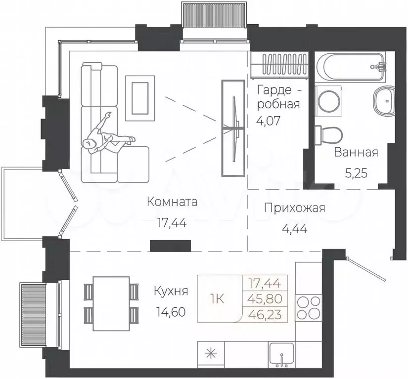 1-к. квартира, 46,2 м, 4/8 эт. - Фото 1