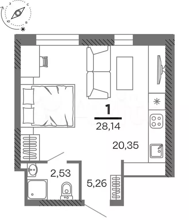 1-к. квартира, 28,1 м, 19/25 эт. - Фото 1
