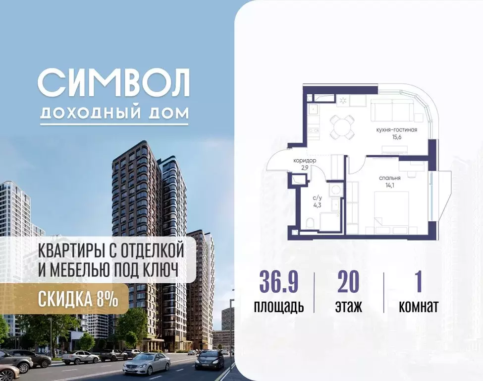 1-к кв. Москва Символ жилой комплекс (36.9 м) - Фото 1