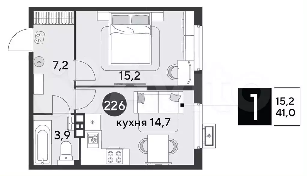 1-к. квартира, 41 м, 8/9 эт. - Фото 1