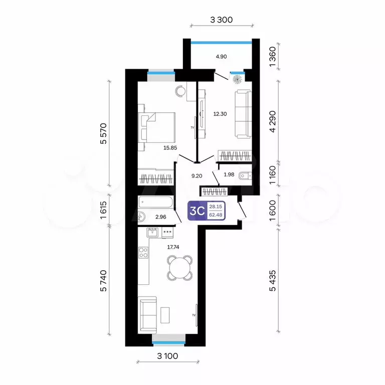 3-к. квартира, 62,5 м, 4/9 эт. - Фото 0