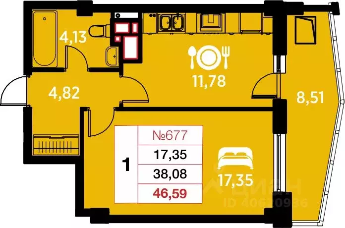 1-к кв. Калининградская область, Калининград ул. Гайдара, 94 (46.59 м) - Фото 0