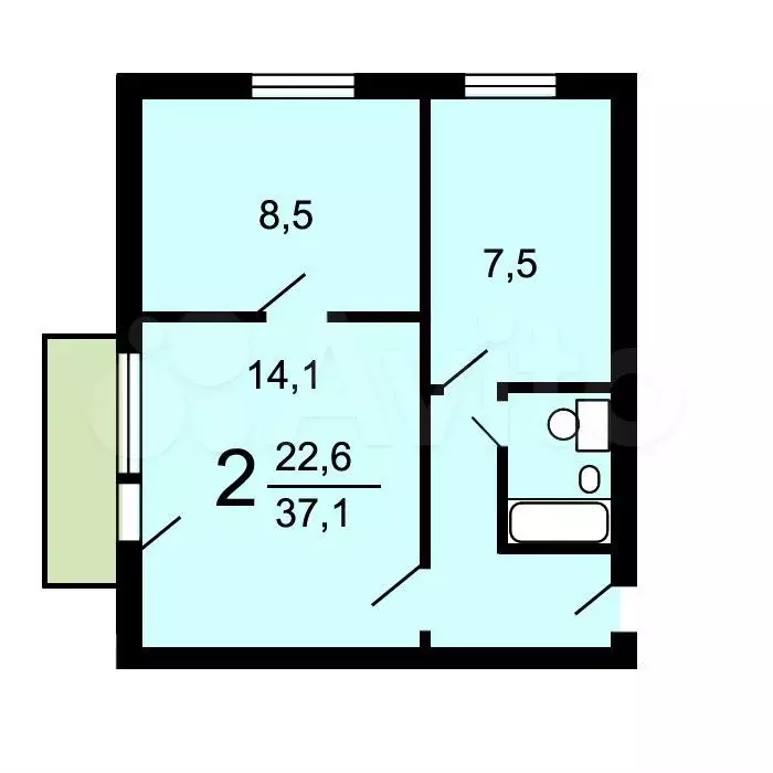 2-к. квартира, 37,1 м, 8/9 эт. - Фото 0