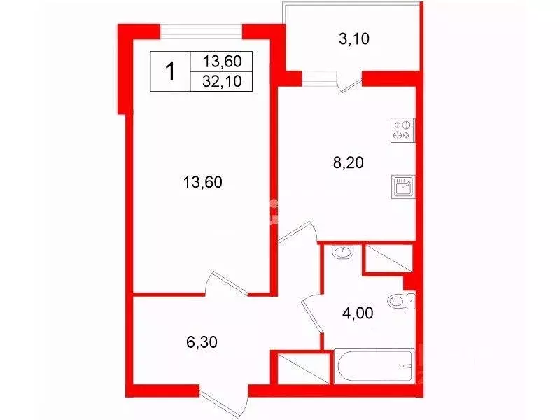 Квартира, 1 комната, 32.1 м - Фото 0