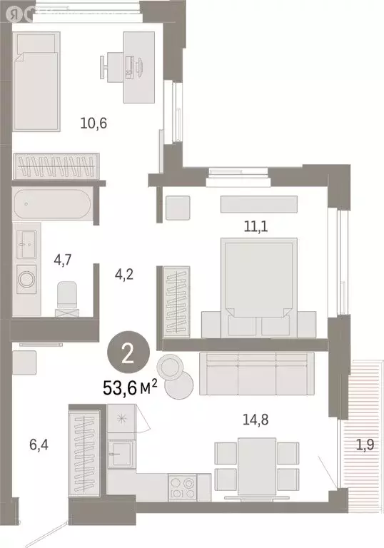 2-комнатная квартира: Тюмень, жилой комплекс Зарека (53.59 м) - Фото 1