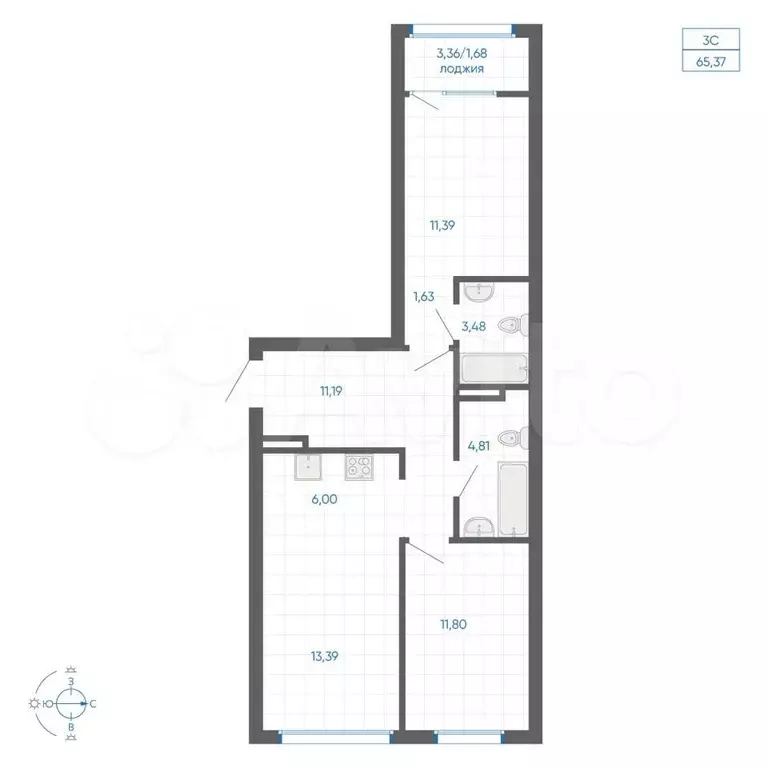 2-к. квартира, 65,4 м, 5/9 эт. - Фото 1