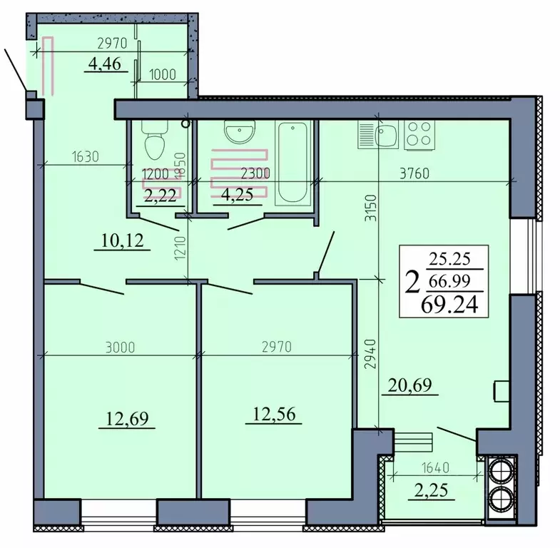 2-к кв. Рязанская область, Рыбное  (69.24 м) - Фото 2