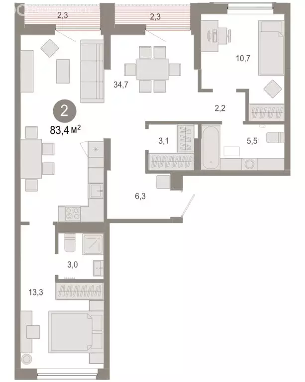 2-комнатная квартира: Тюмень, микрорайон ДОК, ЖК Октябрьский на Туре ... - Фото 2