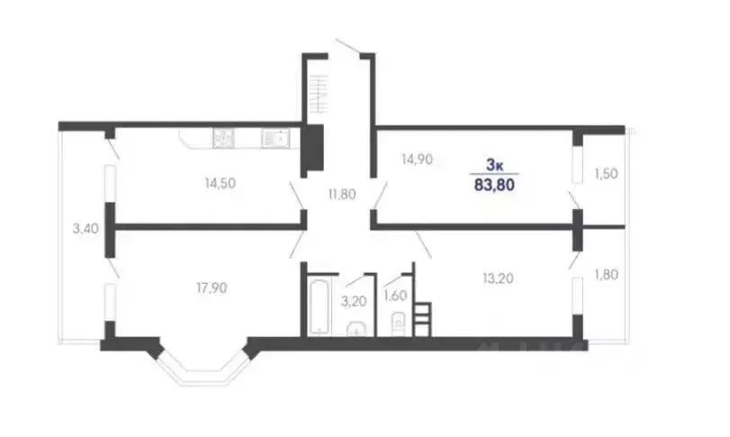 Квартира, 3 комнаты, 83.8 м - Фото 1