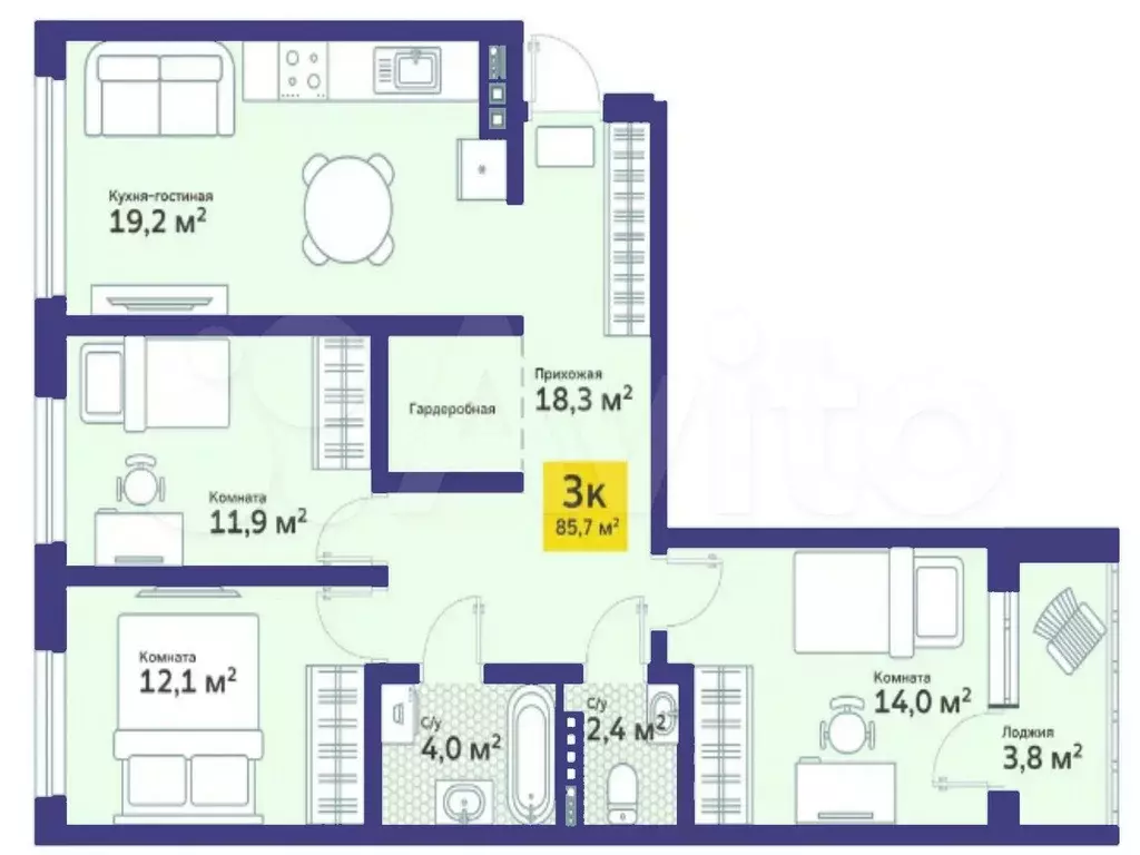 3-к. квартира, 86 м, 4/4 эт. - Фото 1