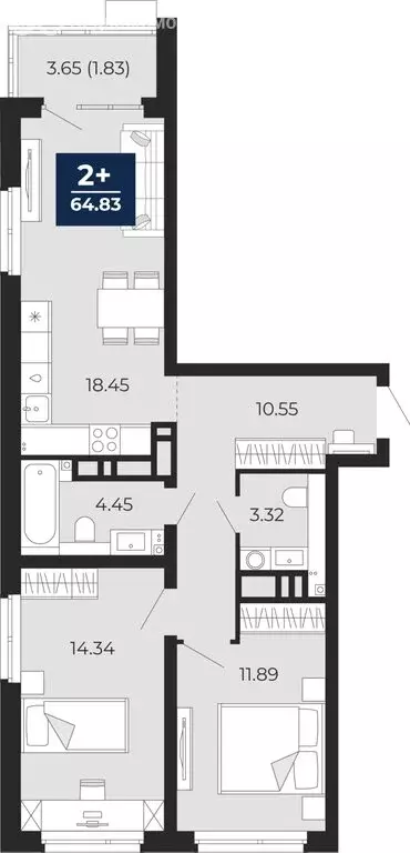 2-комнатная квартира: Тюмень, Арктическая улица, 10 (66.65 м) - Фото 1