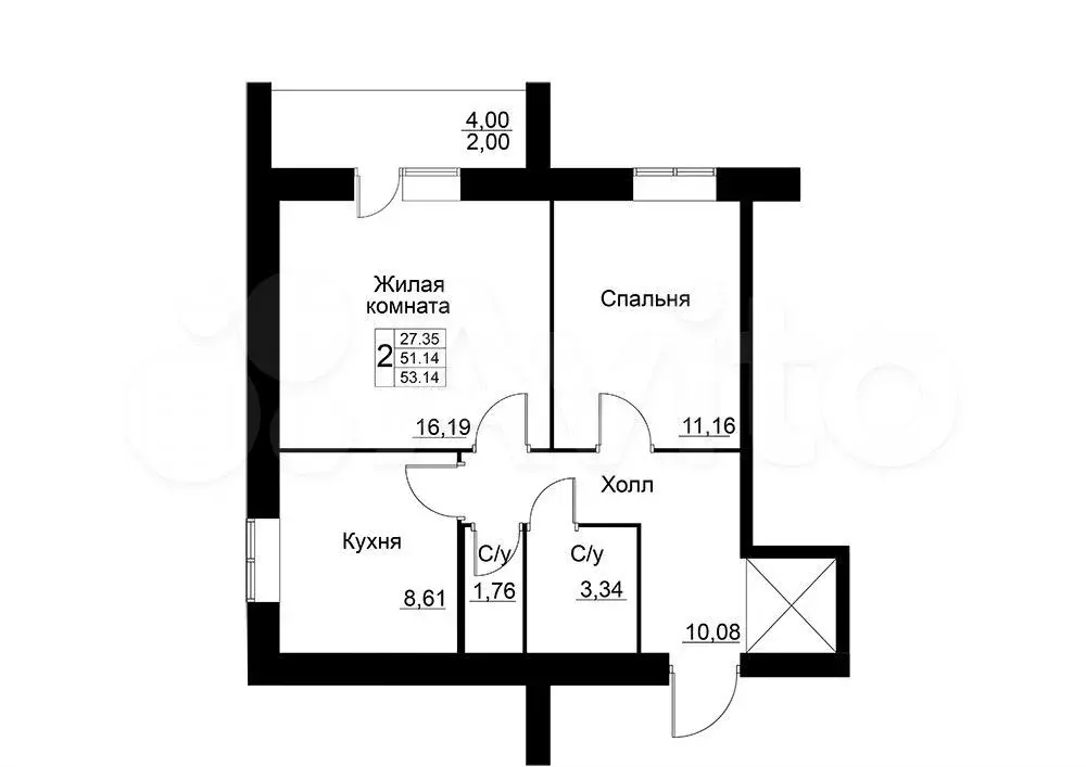 2-к. квартира, 53,1 м, 9/9 эт. - Фото 1