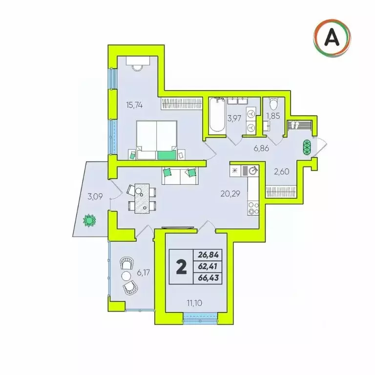 2-к кв. Калужская область, Калуга Зеленый жилой комплекс (66.43 м) - Фото 1