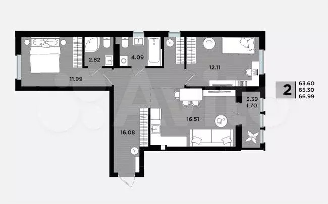 2-к. квартира, 67 м, 2/5 эт. - Фото 1