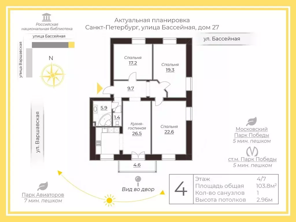 4-к кв. Санкт-Петербург Бассейная ул., 27 (103.8 м) - Фото 2
