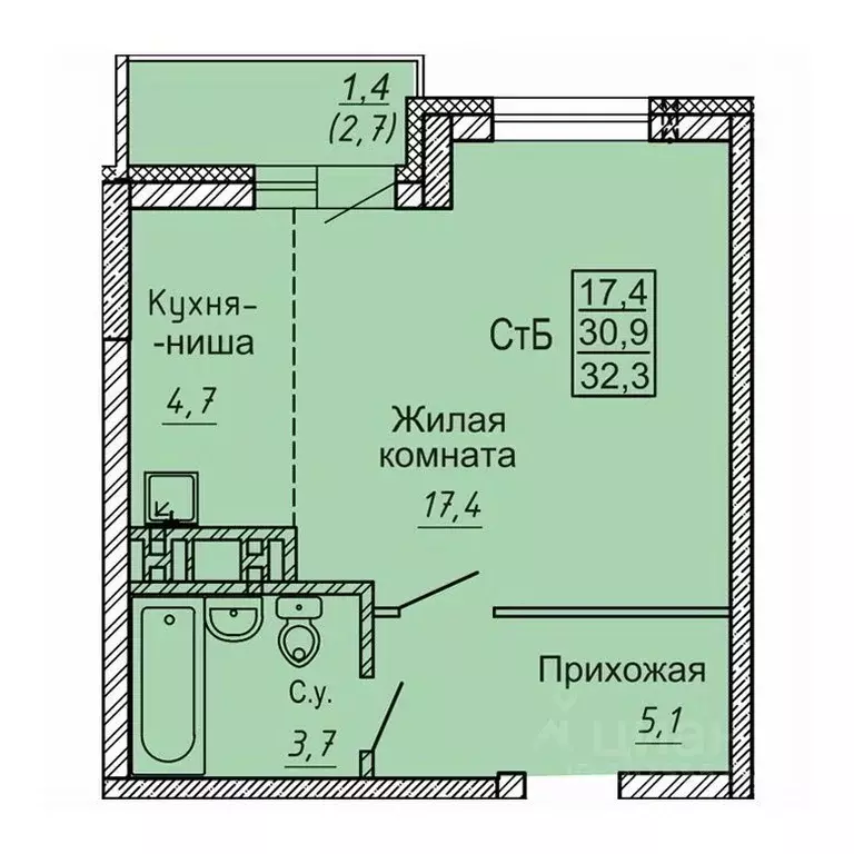 Студия Новосибирская область, Новосибирск ул. Бородина, 54 (32.0 м) - Фото 0