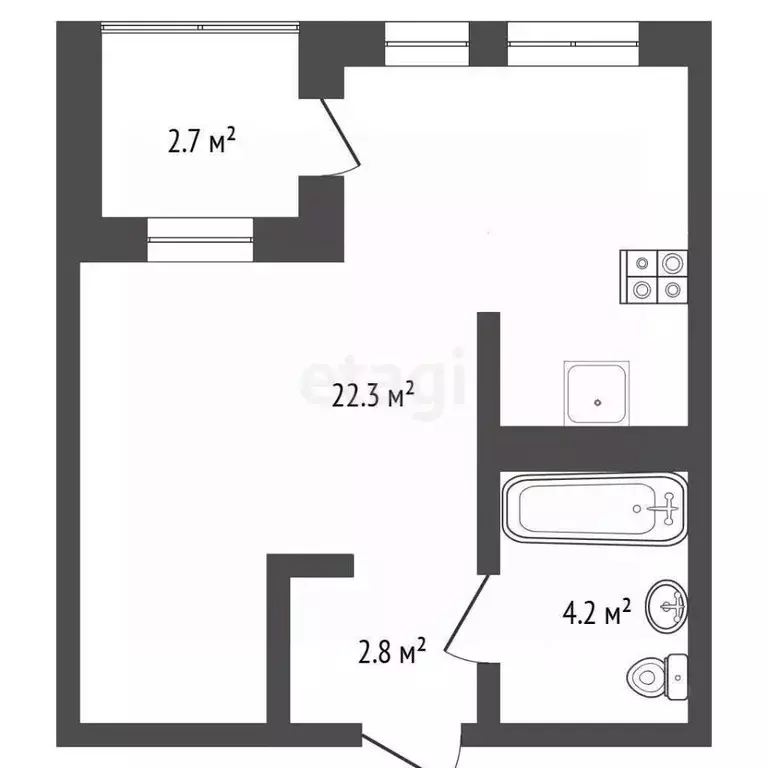 Студия Тюменская область, Тюмень ул. Пожарных и Спасателей, 3к1 (29.8 ... - Фото 1