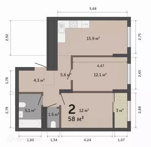Продаётся 2-к квартира, 58 м - Фото 0