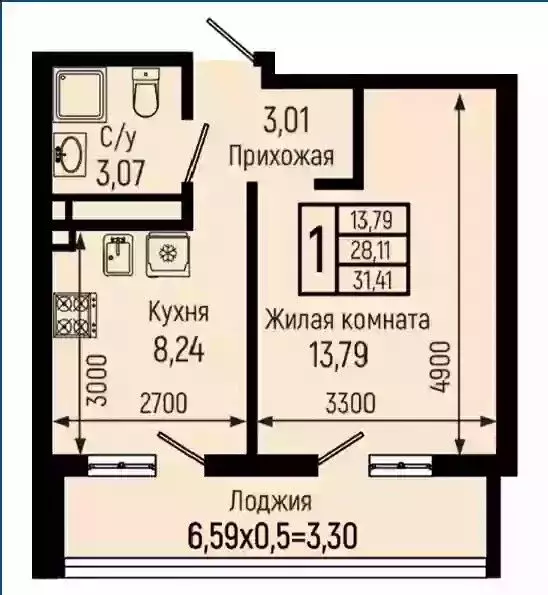 1-комнатная квартира: село Небуг, Спортивная улица (31.41 м) - Фото 1