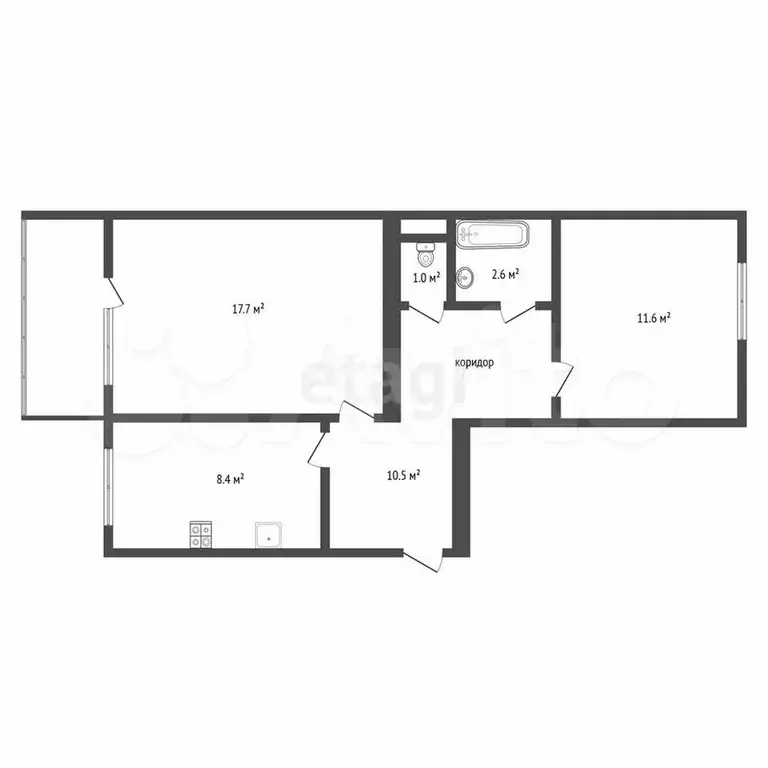 2-к. квартира, 53,7 м, 1/5 эт. - Фото 0