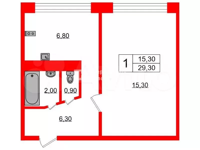 1-к. квартира, 29,3 м, 9/9 эт. - Фото 0