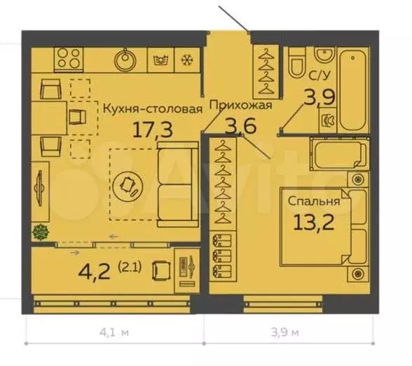 1-к. квартира, 40 м, 2/16 эт. - Фото 0