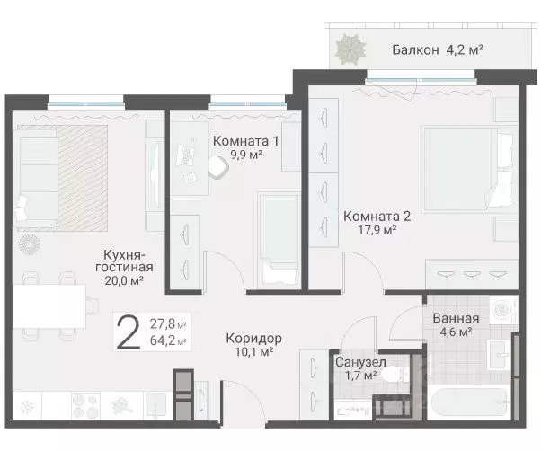 2-к кв. Санкт-Петербург Актерский проезд, 2к2 (64.2 м) - Фото 1