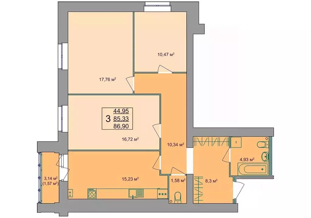 3-к кв. Костромская область, Кострома Привокзальная ул., 12 (86.9 м) - Фото 0