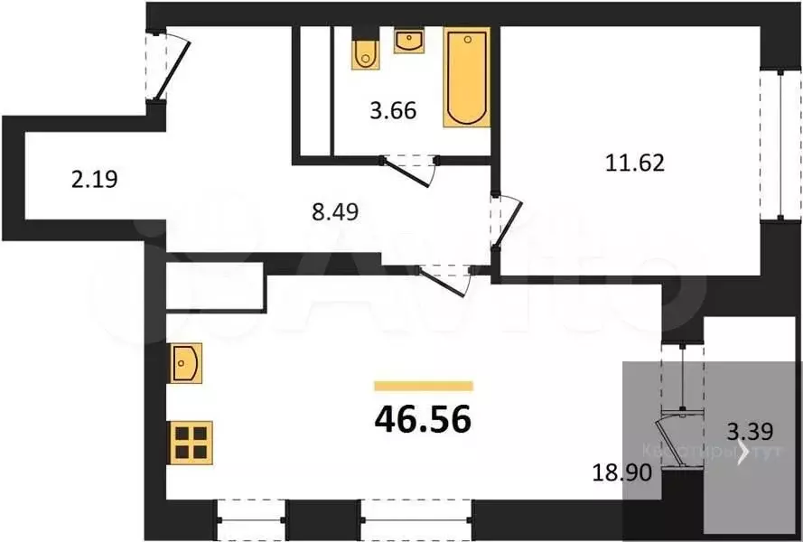 1-к. квартира, 46,6 м, 7/25 эт. - Фото 0