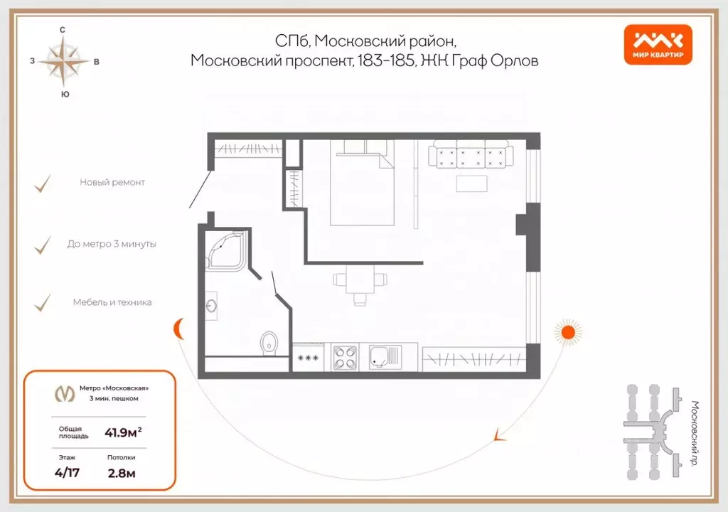 1-к кв. Санкт-Петербург Московский просп., 183-185 (41.9 м) - Фото 2