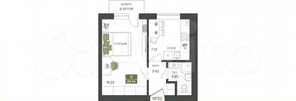 1-к. квартира, 29 м, 1/5 эт. - Фото 1